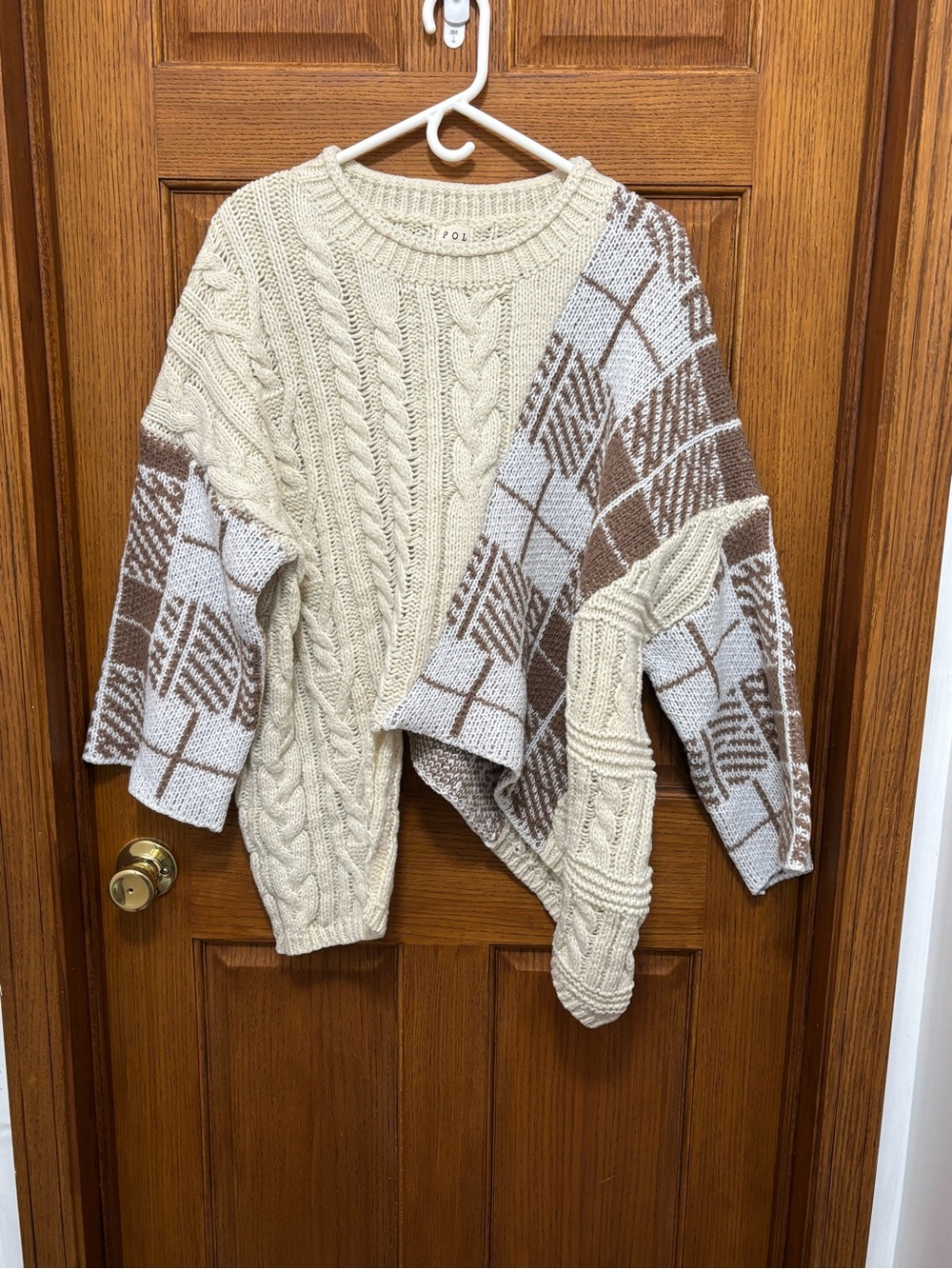 POL Clothing Pieced Cable Knit Patchwork Plaid Sweater Cream/ Brown Sz S